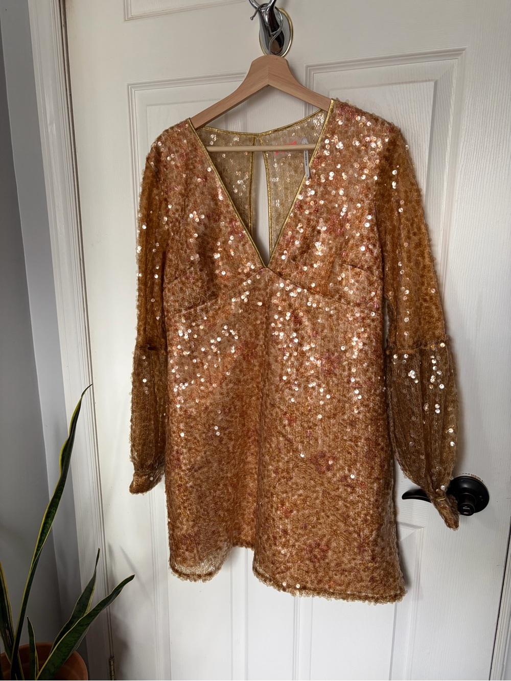 FREE PEOPLE Stars Align Mini Dress 2 Brown Golden Sequin Floral Embroidered